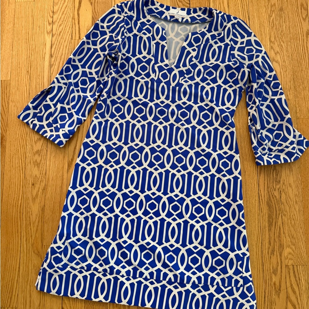 Blue and White Geometric 3/4 sleeve Dress